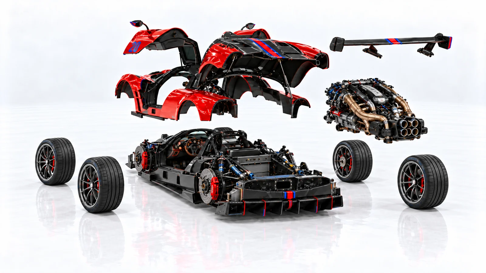 Illustrative exploded view of the red Huayra BC with body panels, wheels and engine separated